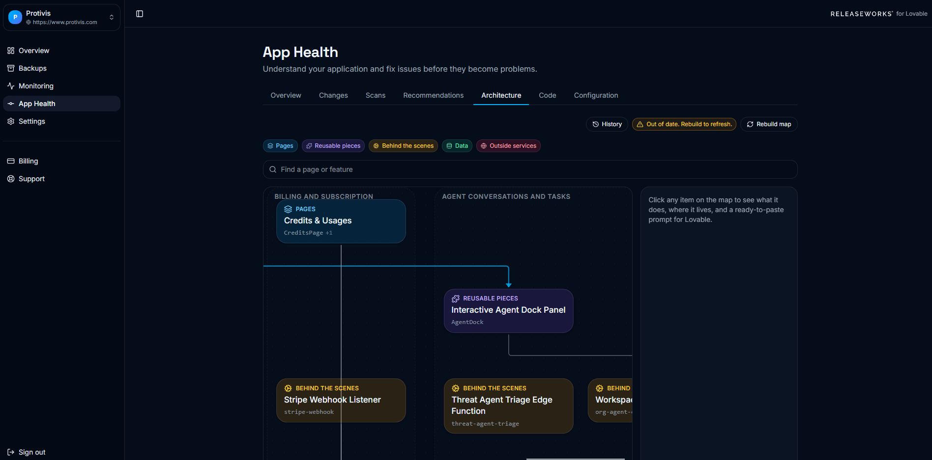 Releaseworks App Health architecture map showing pages, reusable pieces, and services